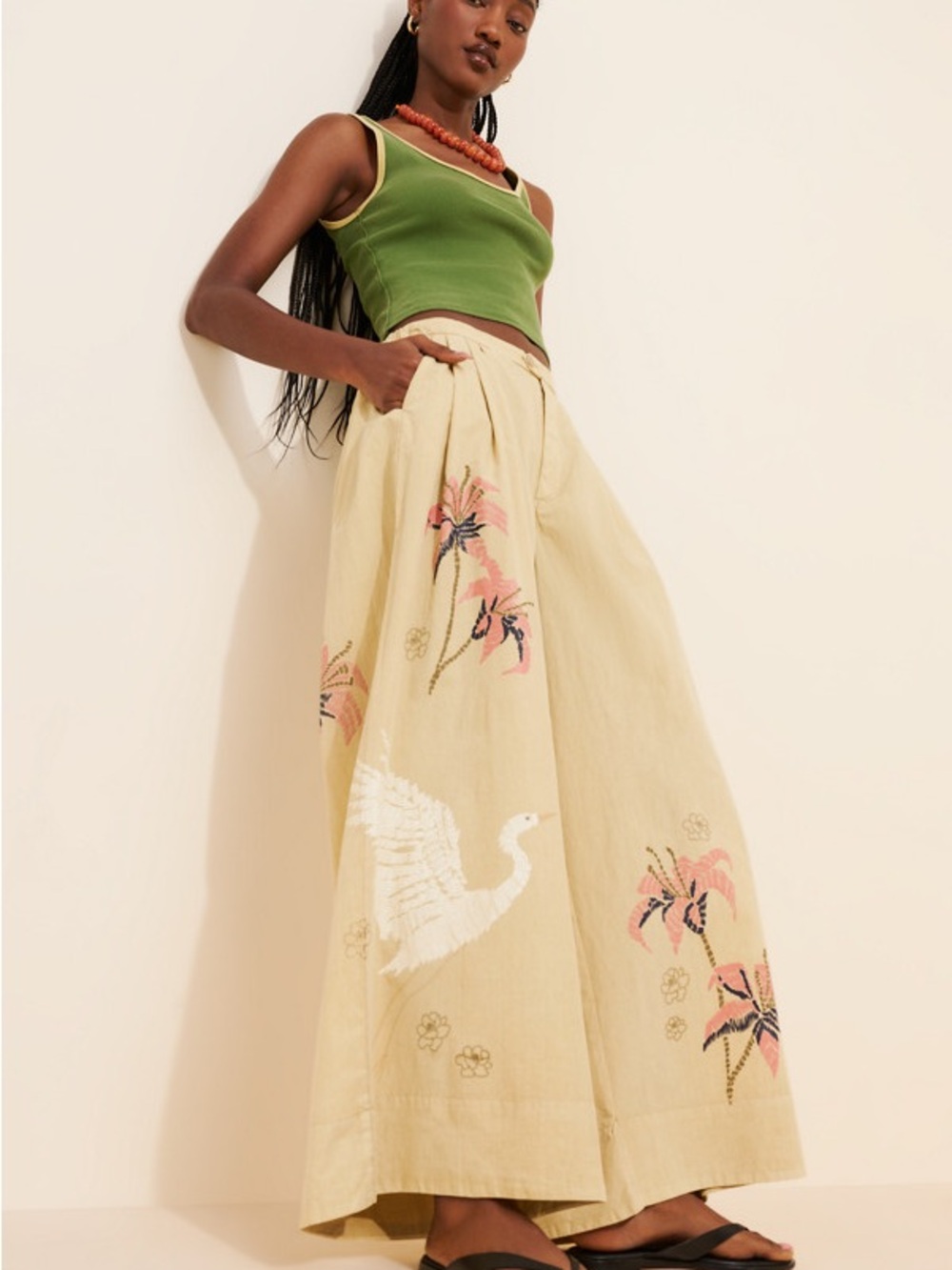 Tricia Fix Cream Wide-Leg Embroidered Pants with Pink Floral & White Crane